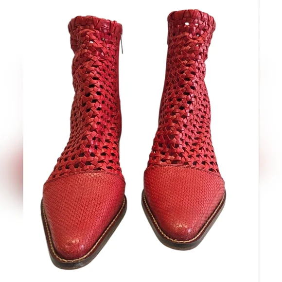 Free people In The Loop Red Leather Woven ankle  Boots - Picture 4 of 15